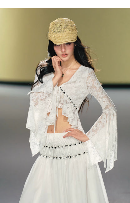 Vintage Sequin Lace V-Neck Blouse&amp; Tulle Skirt Set
