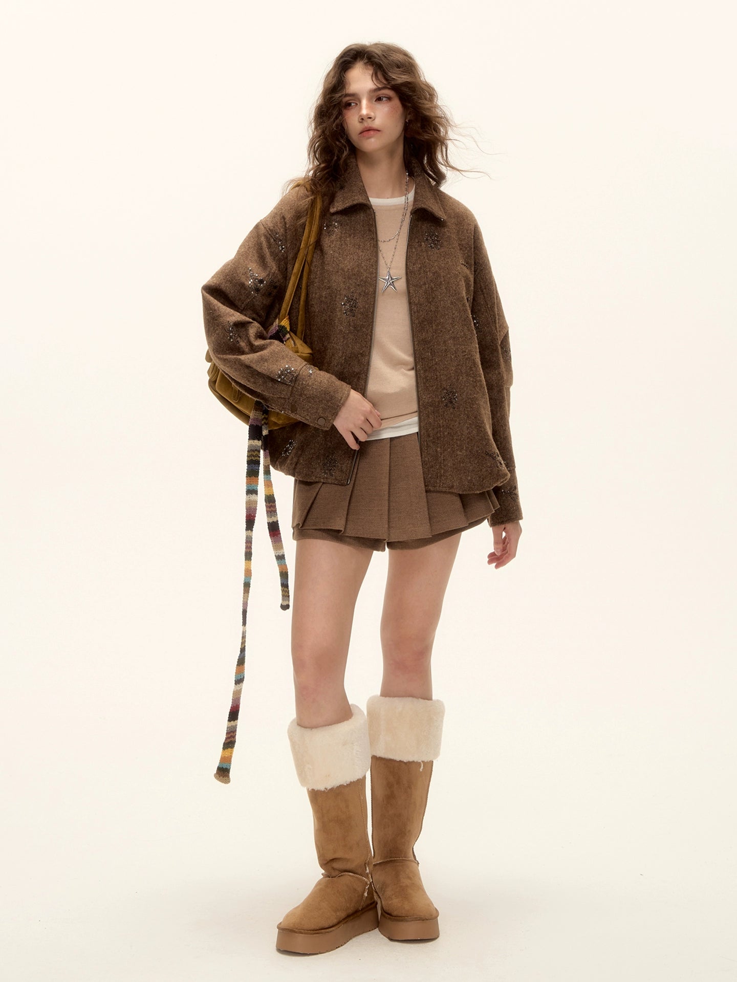 Sequin Embroidered Plaid Wool Blouson Jacket