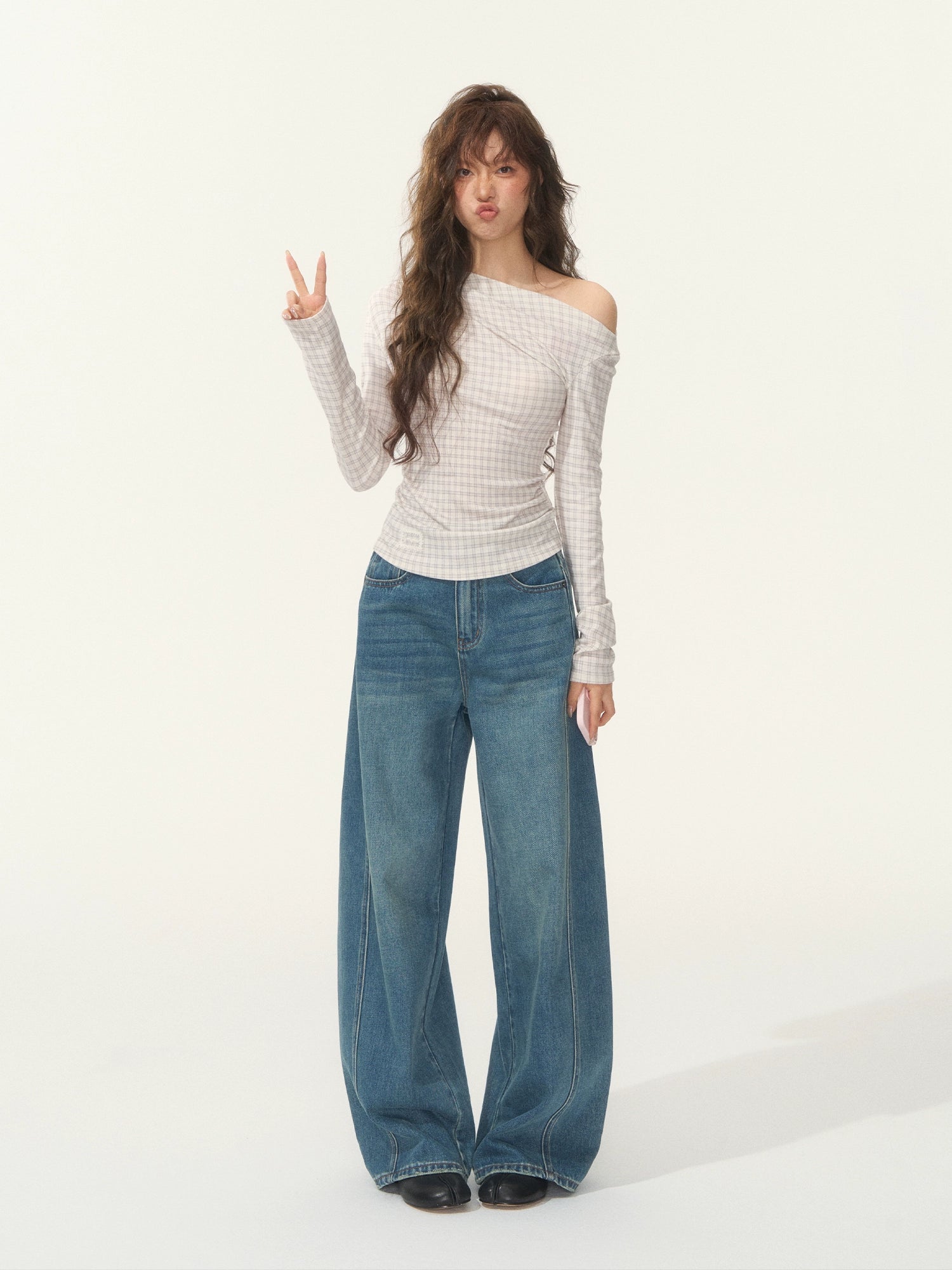 Velvet-Touch Plaid Draped Off-Shoulder Long Sleeve T-Shirts