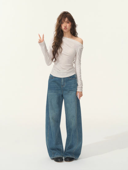 Velvet-Touch Plaid Draped Off-Shoulder Long Sleeve T-Shirts