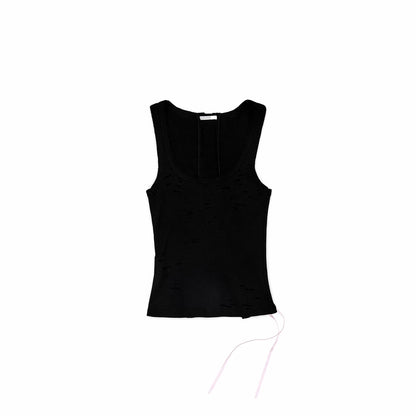 Distressed Lace-Up U-Neck Knit Tank Top 1Jinn Studio
