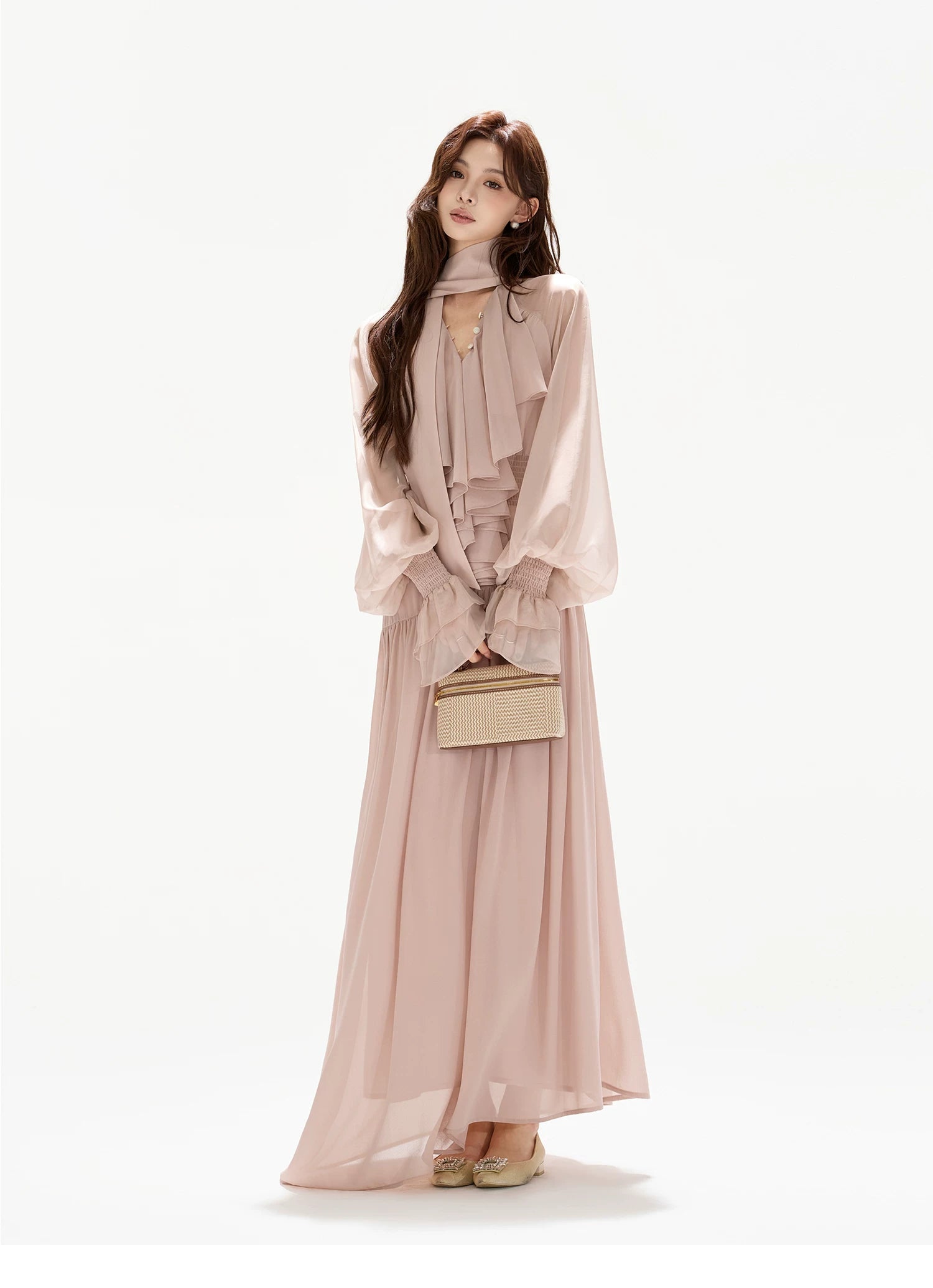 V-Neck Lantern Sleeve Maxi Dress
