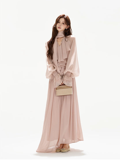 V-Neck Lantern Sleeve Maxi Dress