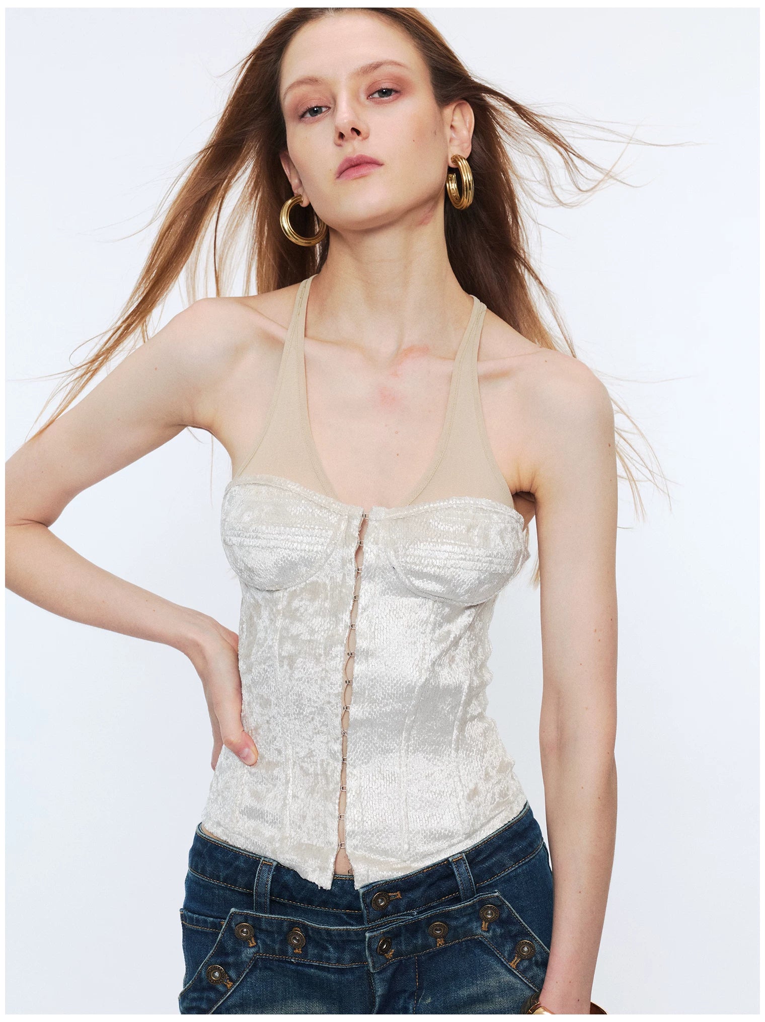 Plaid Mesh Panel Halter Corset