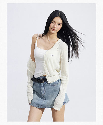 Sheer Lace-Trim Breathable Knit Sun Protection Cardigan