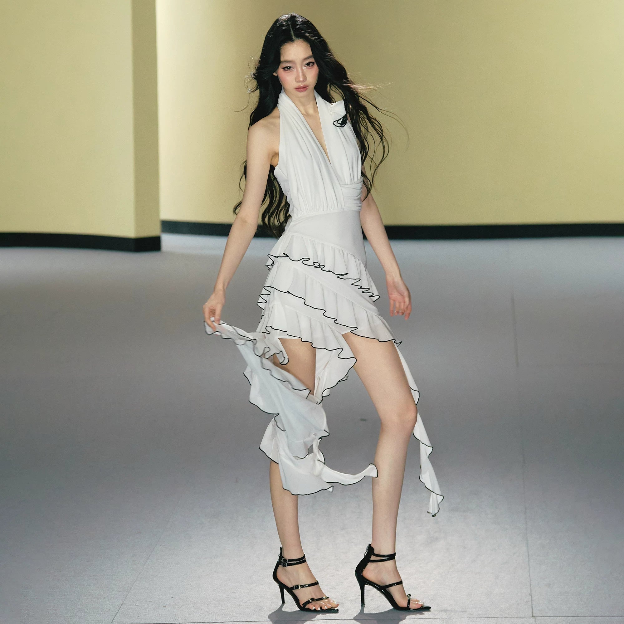 Rose Appliqué Asymmetrical Halterneck Dress