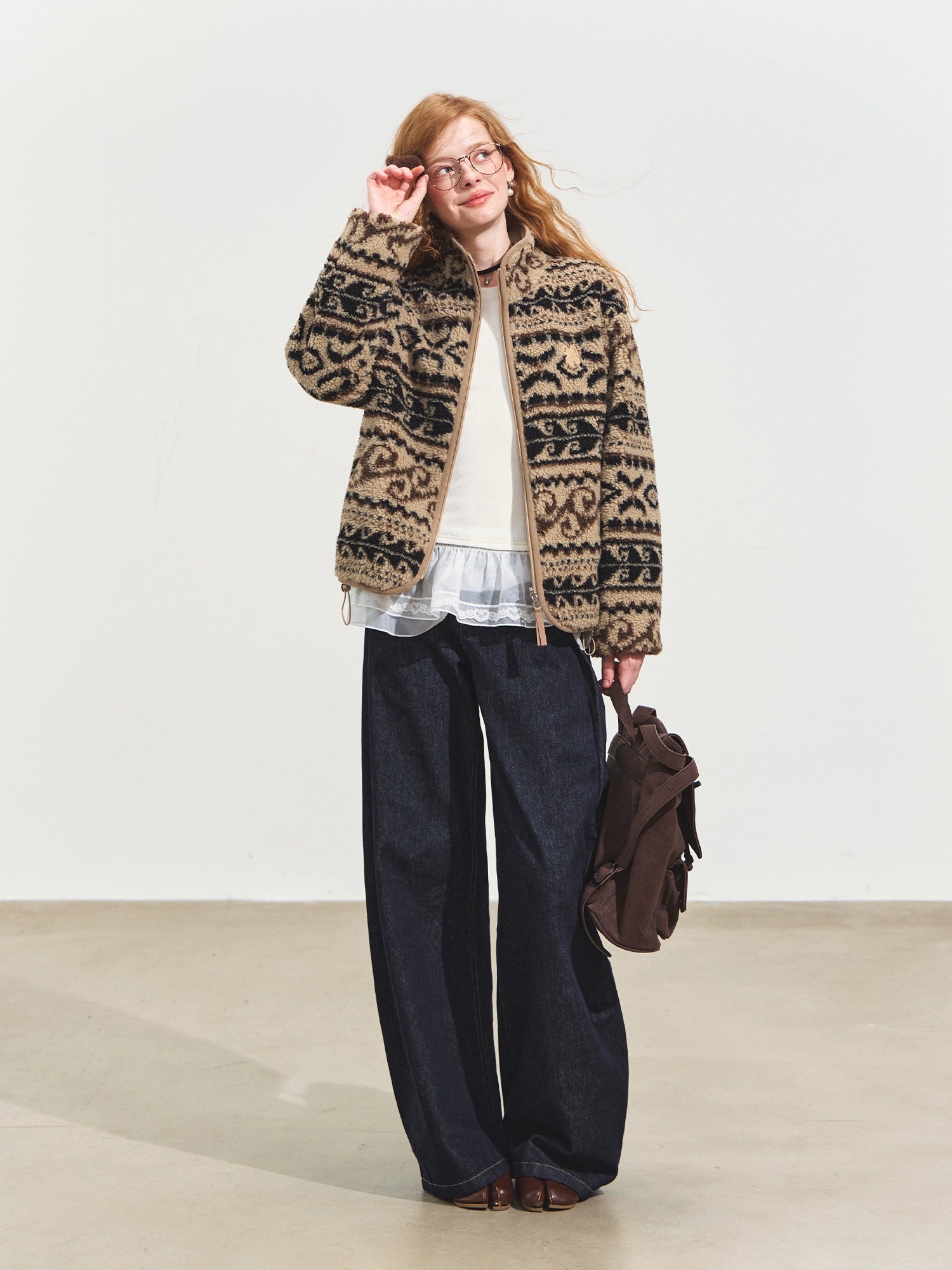 Jacquard Fleece High-Neck Oversized Jacket