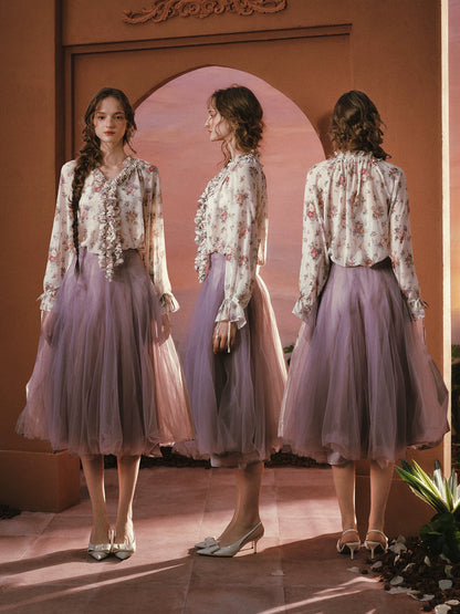 Wisteria Whisper French Romantic Floral Chiffon Shirt