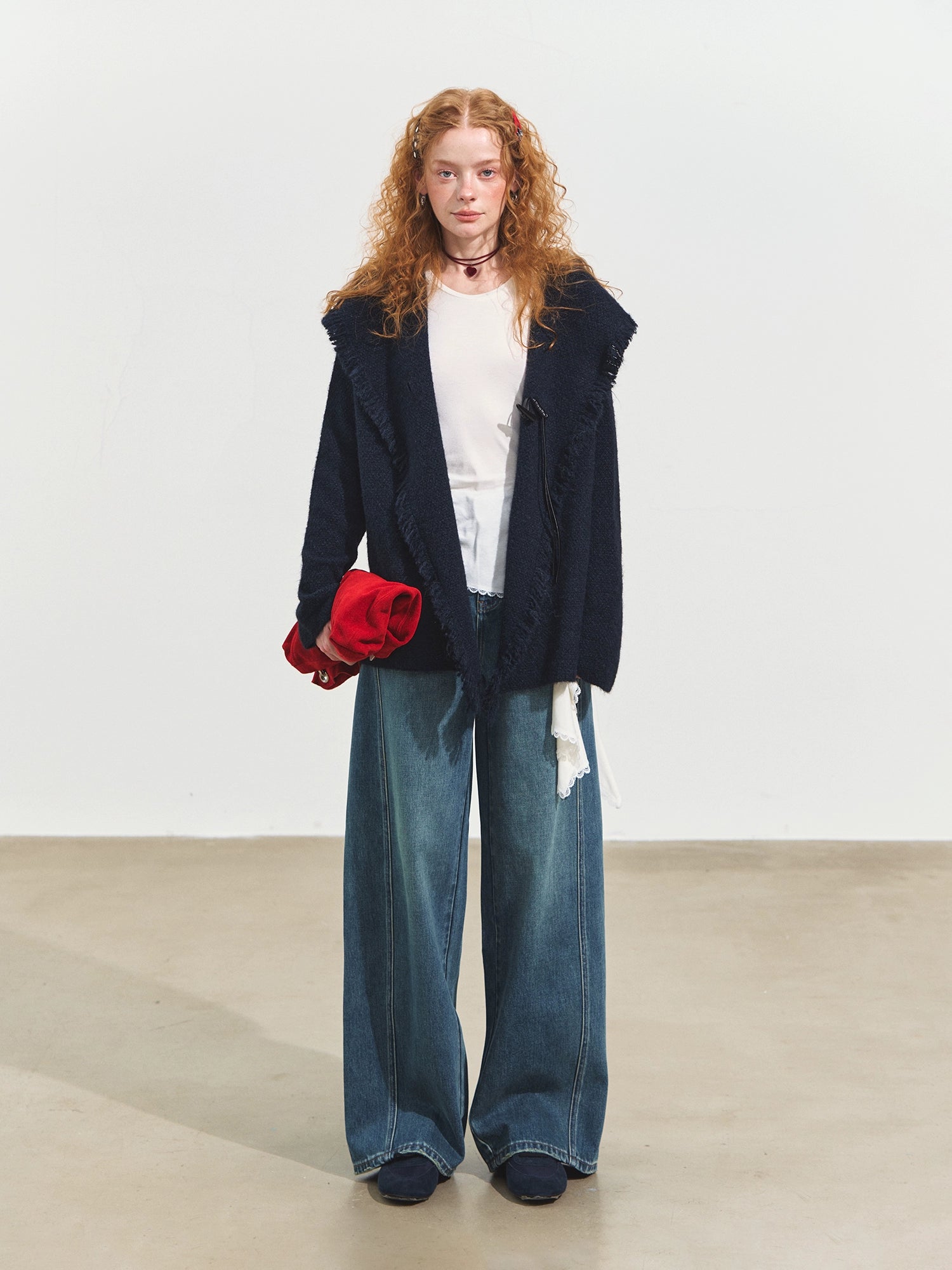 3D Seam Wide-Leg Crescent Denim Pants