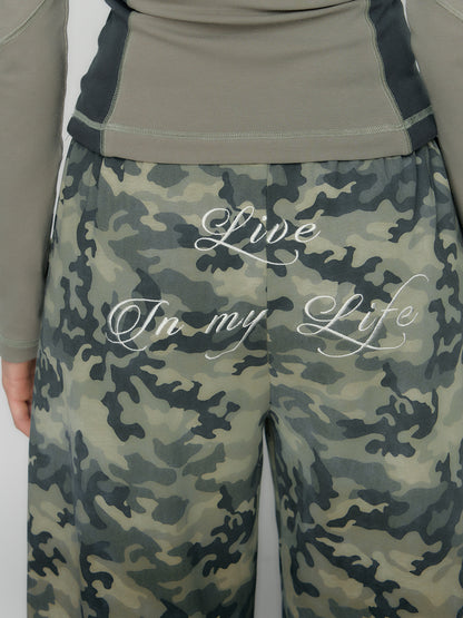 Camouflage Embroidered Loose Fit Wide Leg Pants