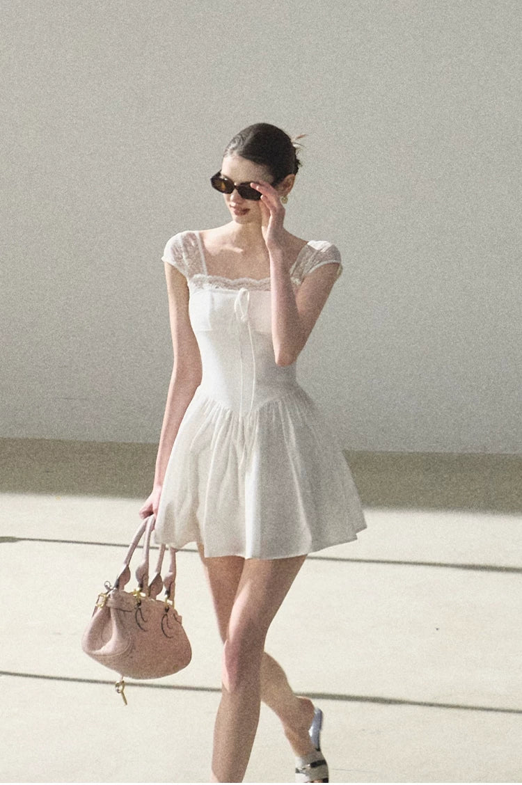 Lace-Spliced Cinched-Waist Vacation Camisole Dress