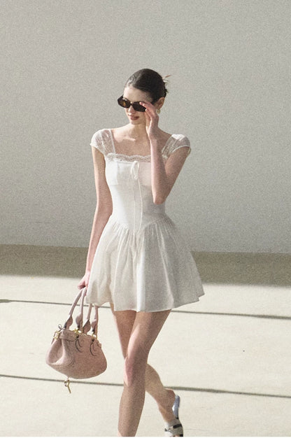 Lace-Spliced Cinched-Waist Vacation Camisole Dress