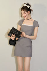 Grey Striped Lace Blouse & Half Skirt Set - CHINASQUAD