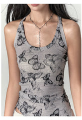 Purple & Grey Butterfly Print Irregular Strappy Vest - CHINASQUAD