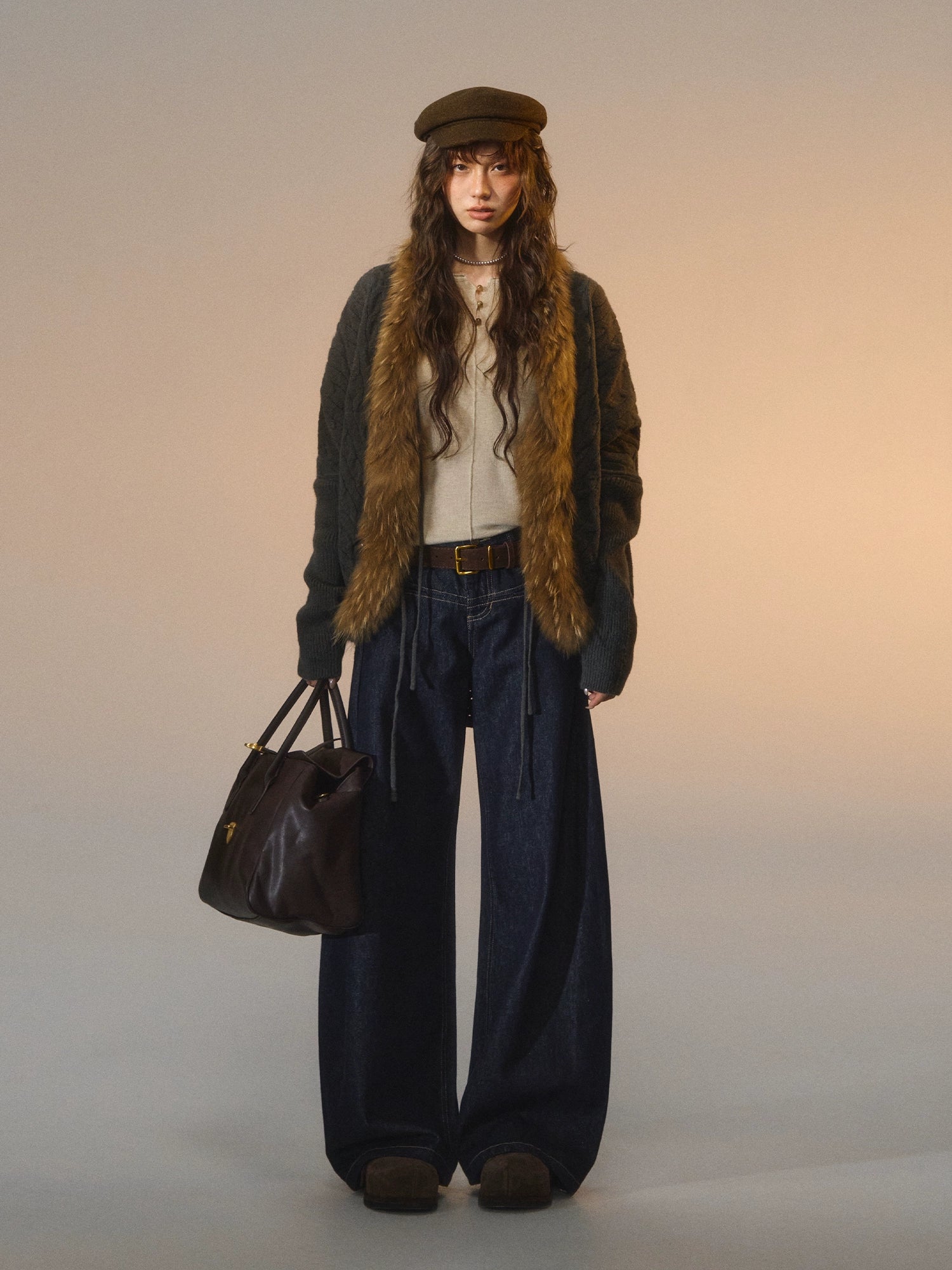 Tie-Detail Batwing Faux Fur Collar Sweater