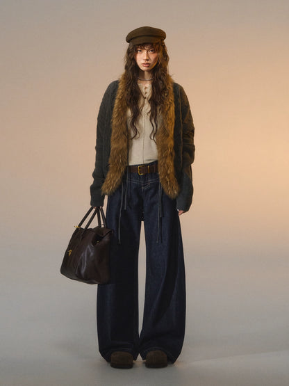 Tie-Detail Batwing Faux Fur Collar Sweater