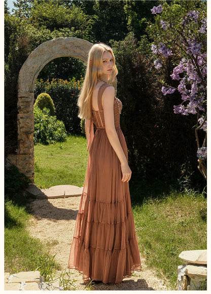 Tia Beaded Halter Chiffon Midi Dresses