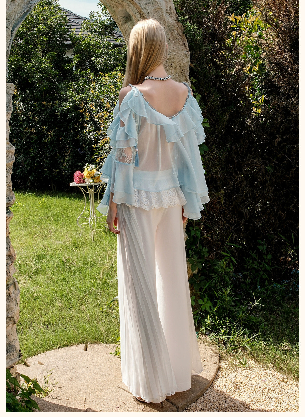 Layla Lace Ruffle Chiffon Wide-Leg Pants