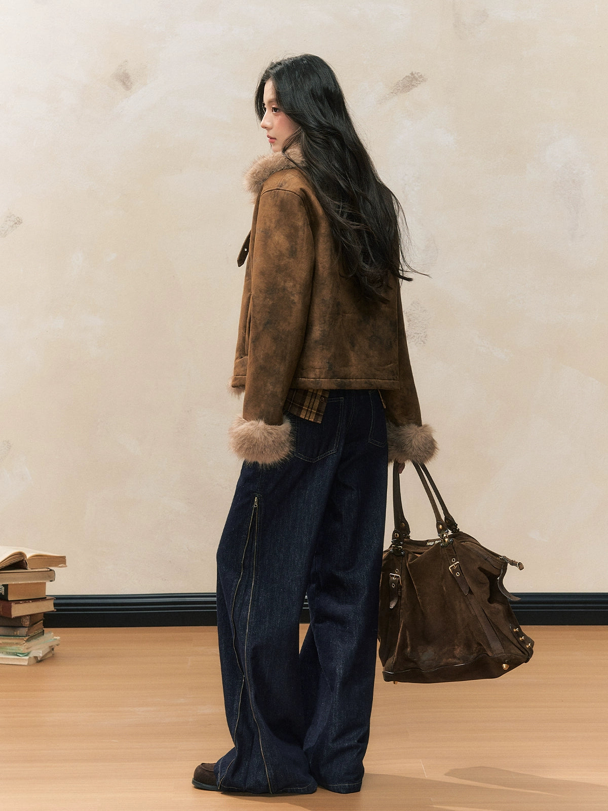 Blue High-Waist Side-Zip Denim Fleece-lined Wide-Leg Pants