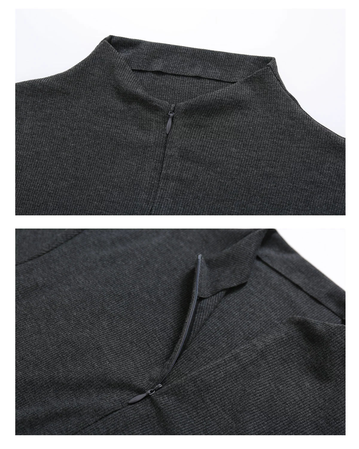 Gray Lapel Neck Zipped Long Sleeve T-shirt - CHINASQUAD