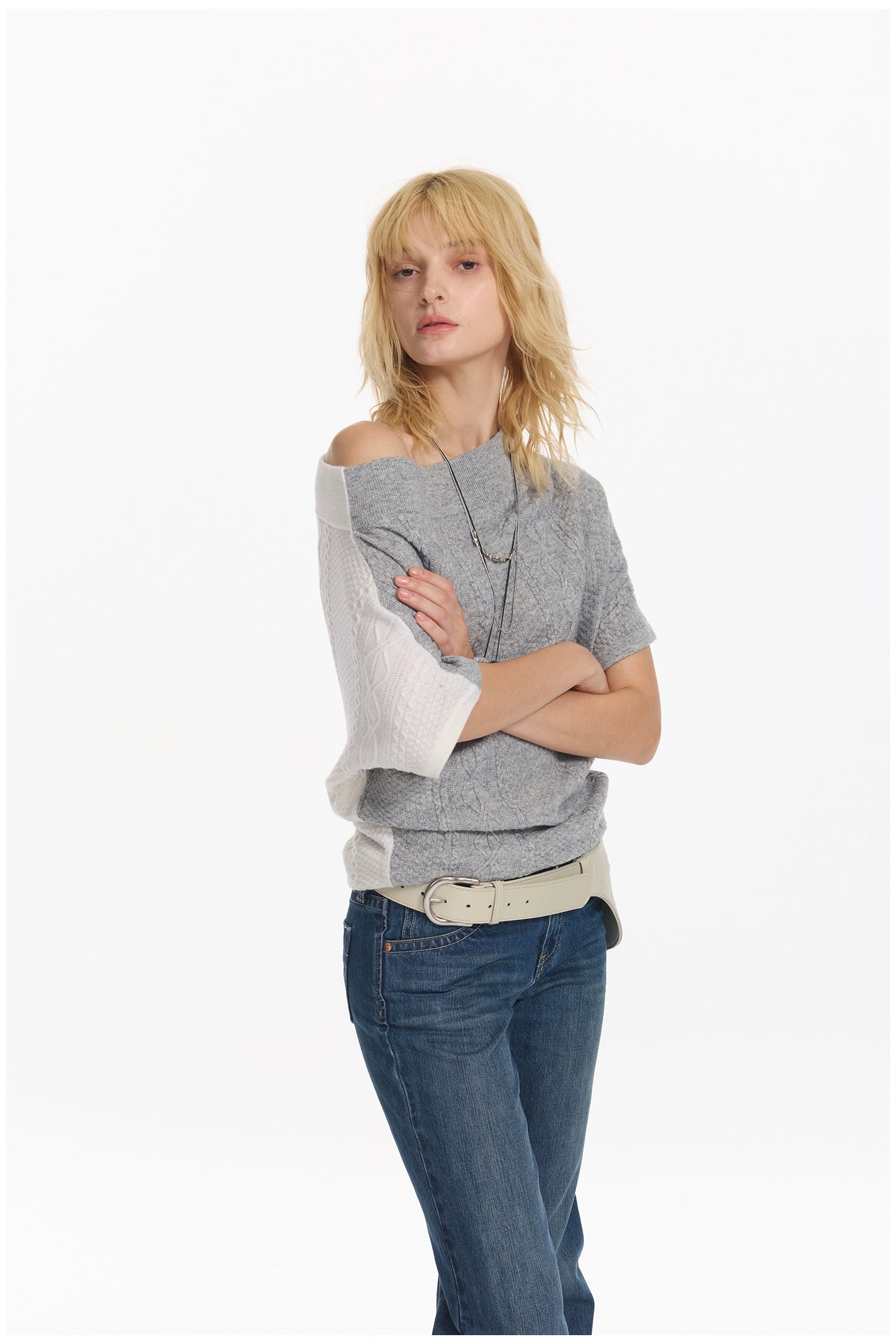 Diagonal Bat-Sleeve Knit Crewneck