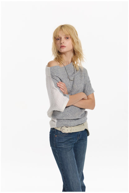 Diagonal Bat-Sleeve Knit Crewneck