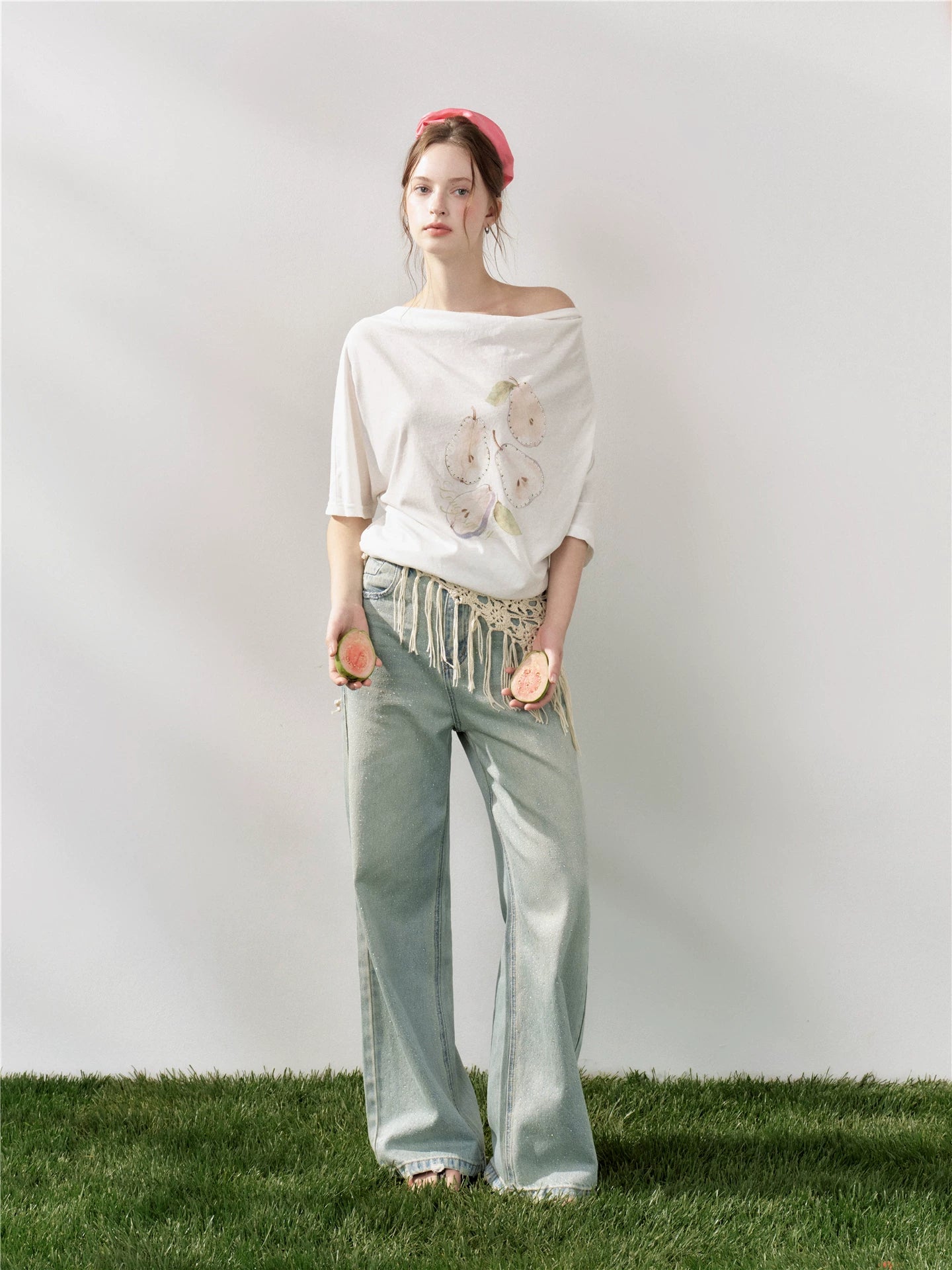 Pear Embellished Draped Off-Shoulder Relaxed T-Shirt