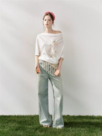 Pear Embellished Draped Off-Shoulder Relaxed T-Shirt