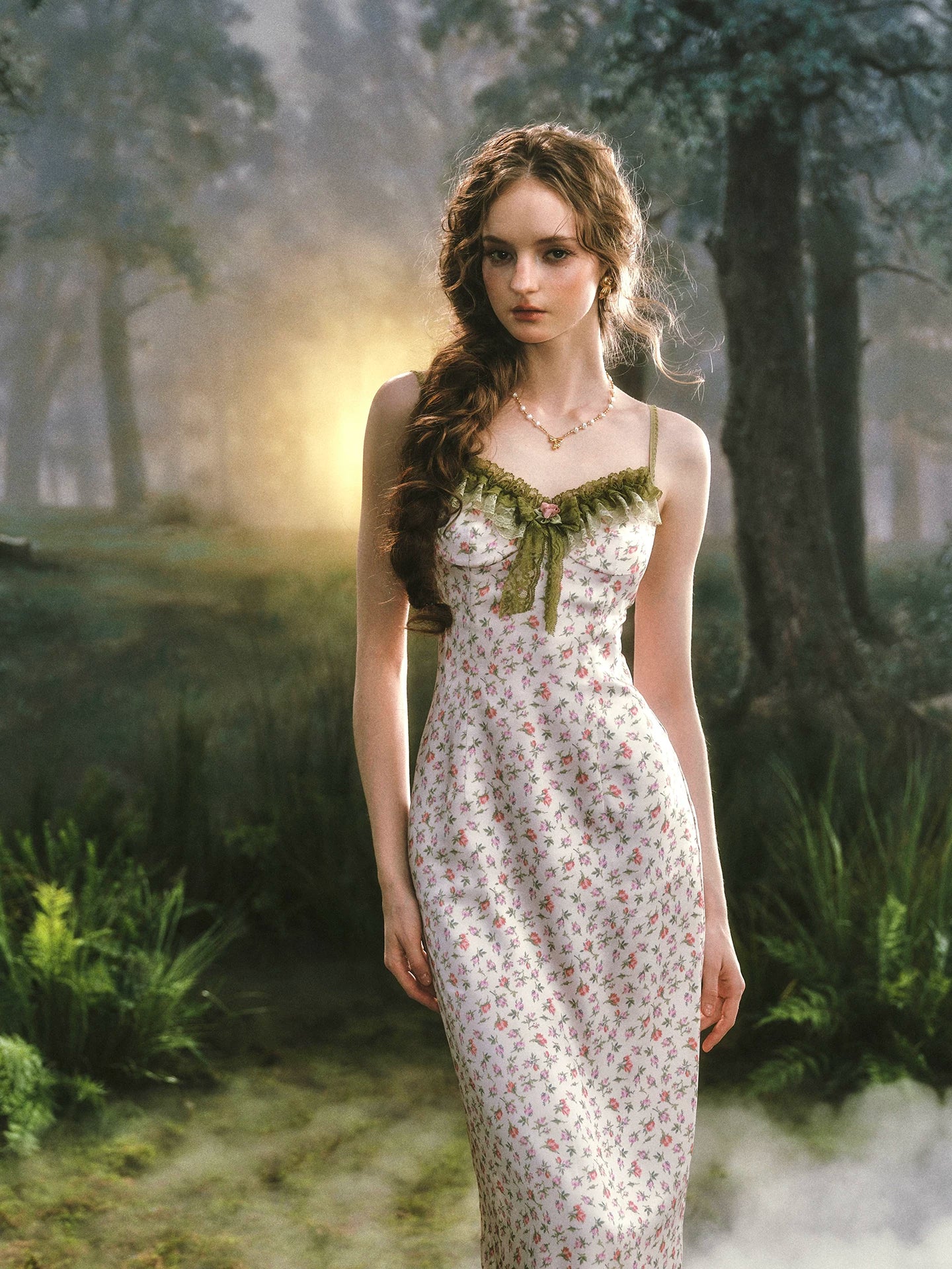 Enchanted Garden Satin Floral Dress &amp; Lace Cardigan Set