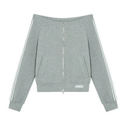 Off-Shoulder Zip-up Sweatshirt &amp; Pants Set - CHINASQUAD