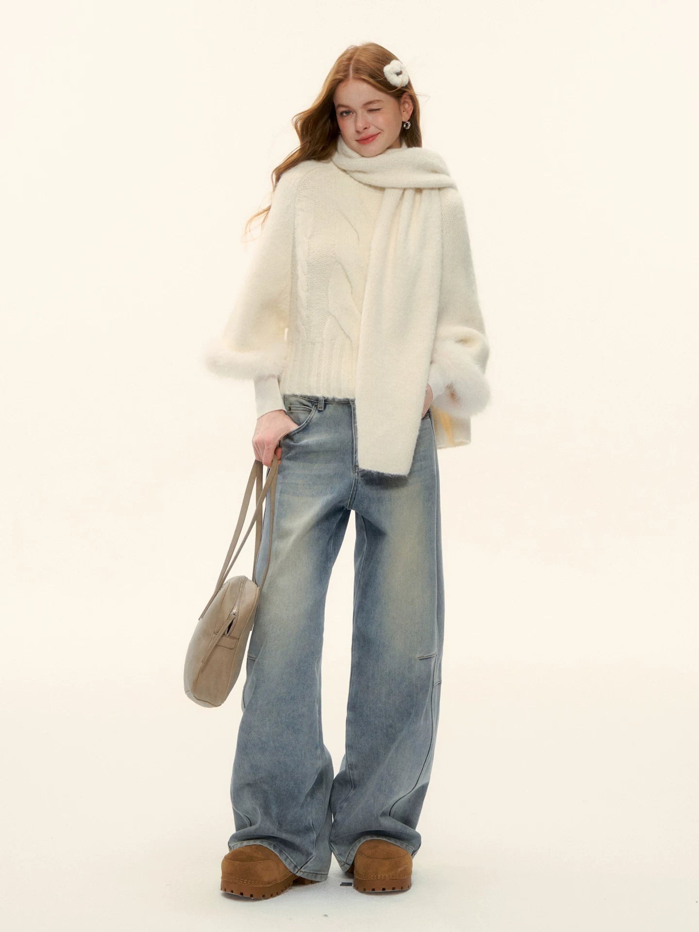 Vintage Washed Curved-Leg Denim Pants