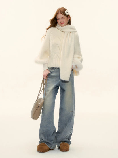 Vintage Washed Curved-Leg Denim Pants