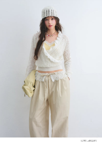 Ruffled Wool-Blend Mohair Openwork Knit Cardigan