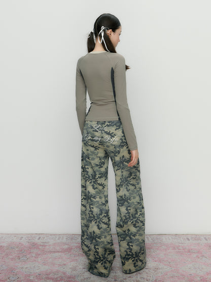 Camouflage Embroidered Loose Fit Wide Leg Pants