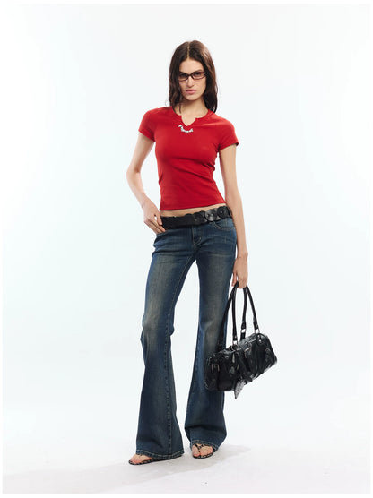 Vintage Washed Blue Pegasus Embroidered Flared Jeans