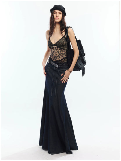 Lyocell Denim Rivet-Detail Fishtail Maxi Skirt