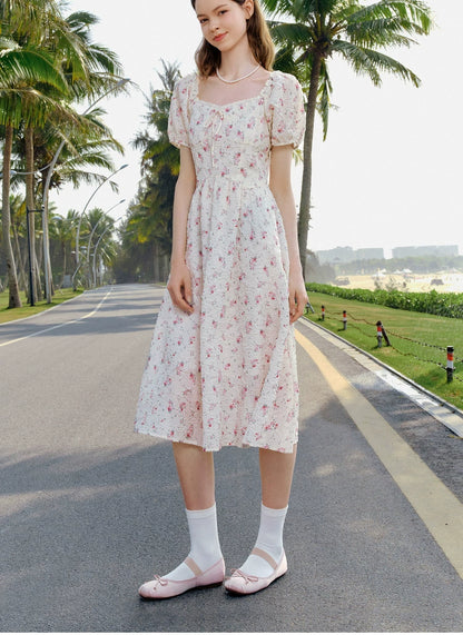 Off-white Square-neck Floral Puff Sleeve Dress