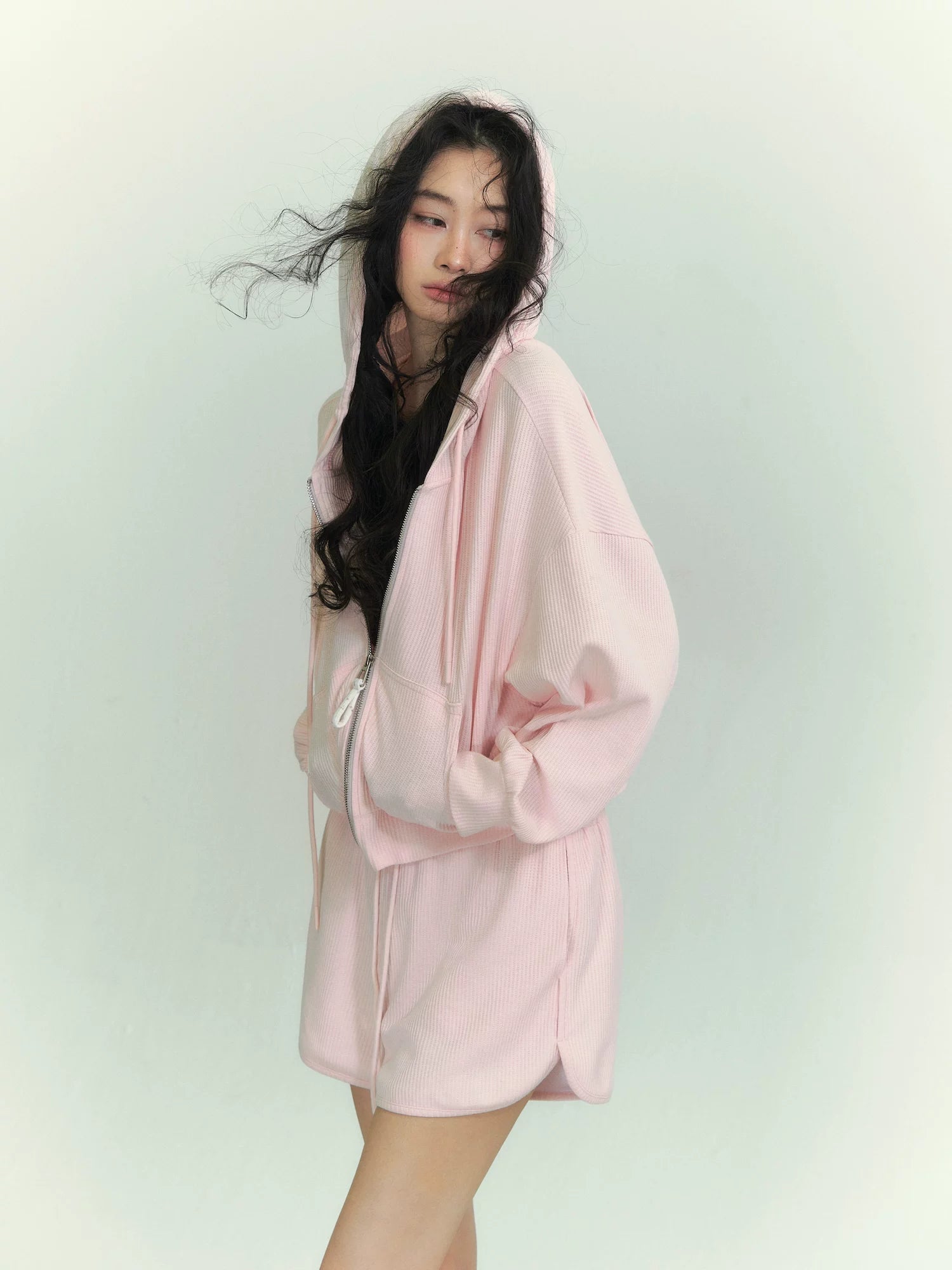 华夫格连帽家居服套装搭配花卉亨利背心