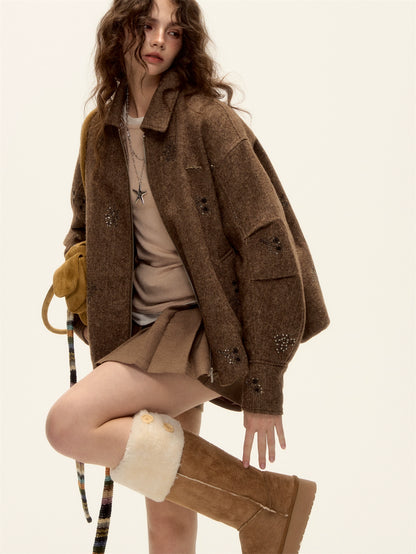 Sequin Embroidered Plaid Wool Blouson Jacket