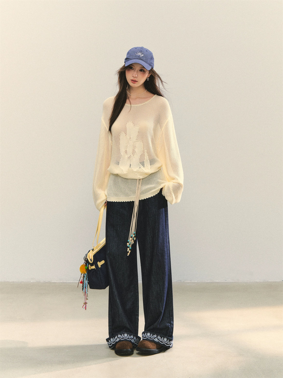 Floral Jacquard Knitted Hollow Crewnecks