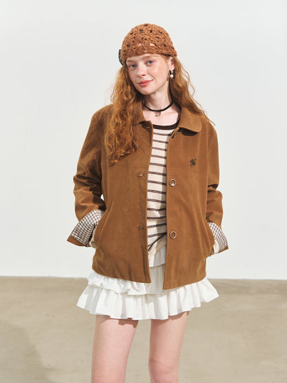 Velvet-Textured Peter Pan Collar Leather Jacket