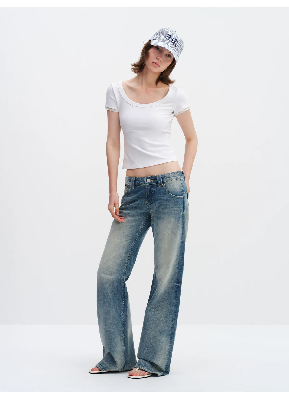 Vintage Washed Low-Rise Flared Denim Jeans