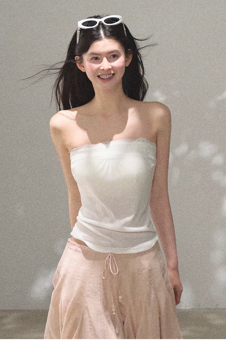 Linen Lace Trim Off-Shoulder Bandeau