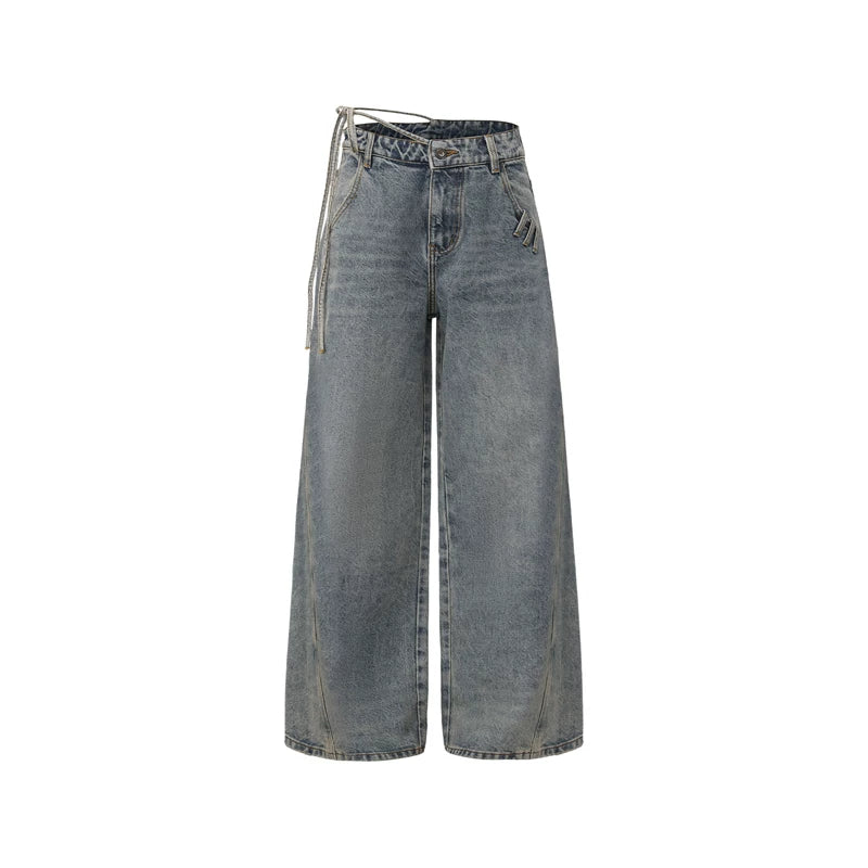 Asymmetric Tie-Detail Loop-Tab Denim Jeans