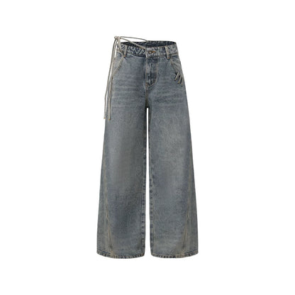 Asymmetric Tie-Detail Loop-Tab Denim Jeans