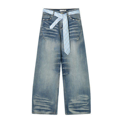 Beaded Tie-Waist Washed Denim Pants