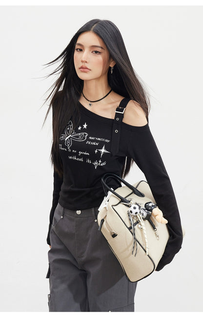 Butterfly Cold-Shoulder Long-Sleeve T-shirt