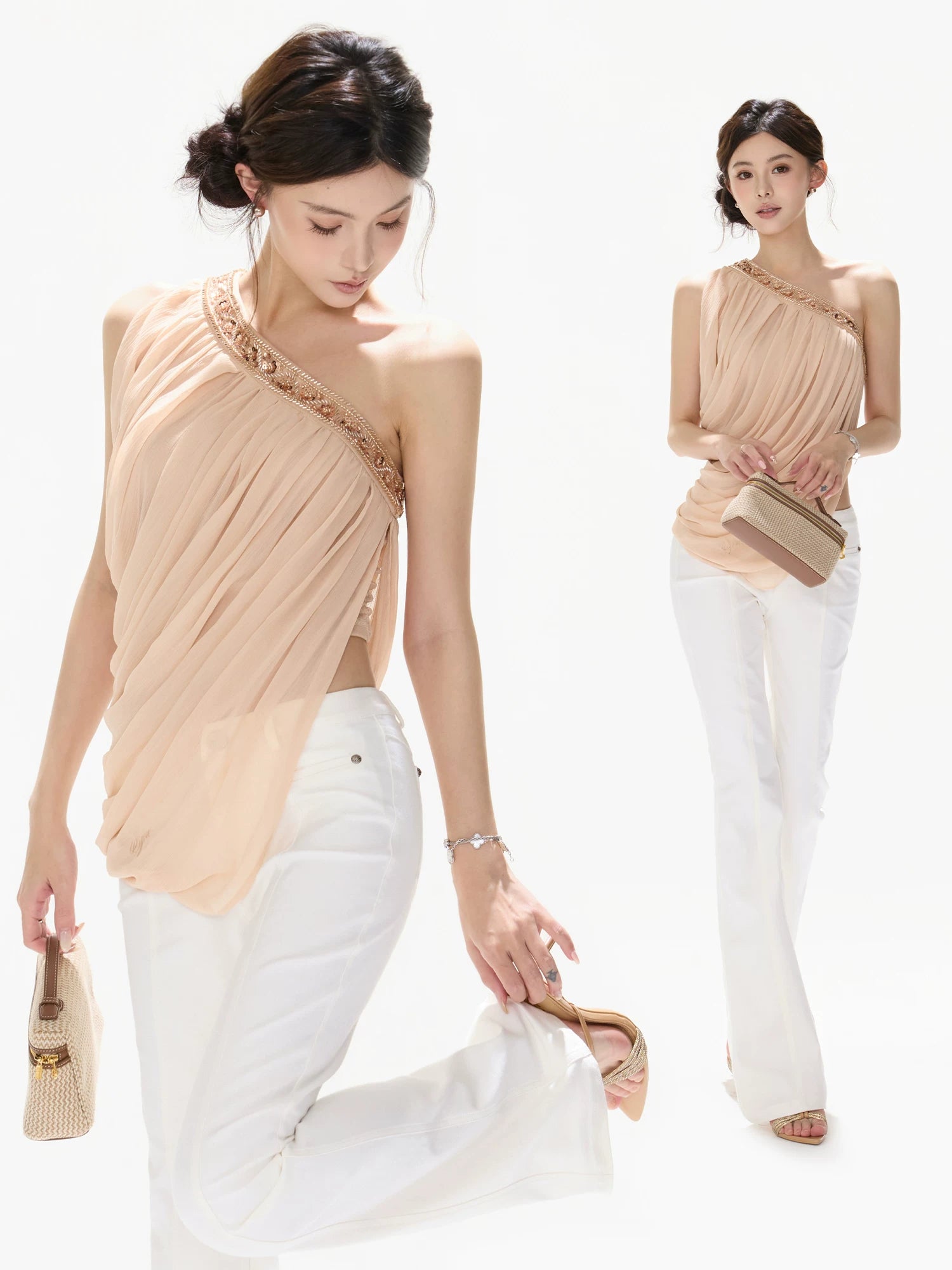 Beaded Asymmetric One-Shoulder Chiffon Draped Blouse