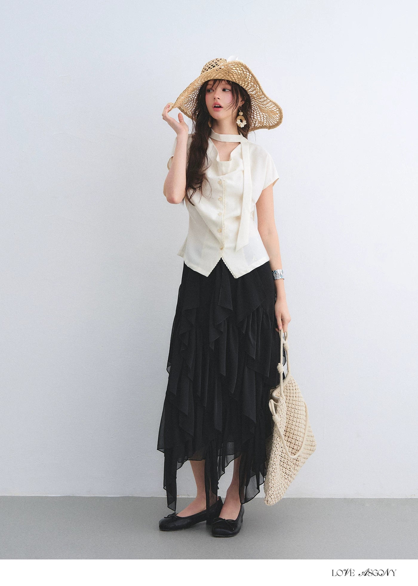 Linen Blend Lace Trim Draped Neck Tie-Waist Blouse