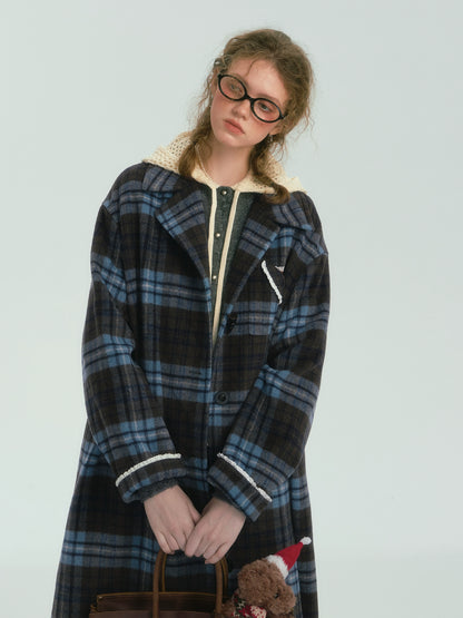 Contrast Plaid Long Woolen Coat